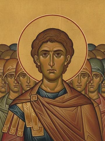 Illustration of Martyr Sabbas Strateletes ("the General") of Rome, and 70 soldiers with him (272)